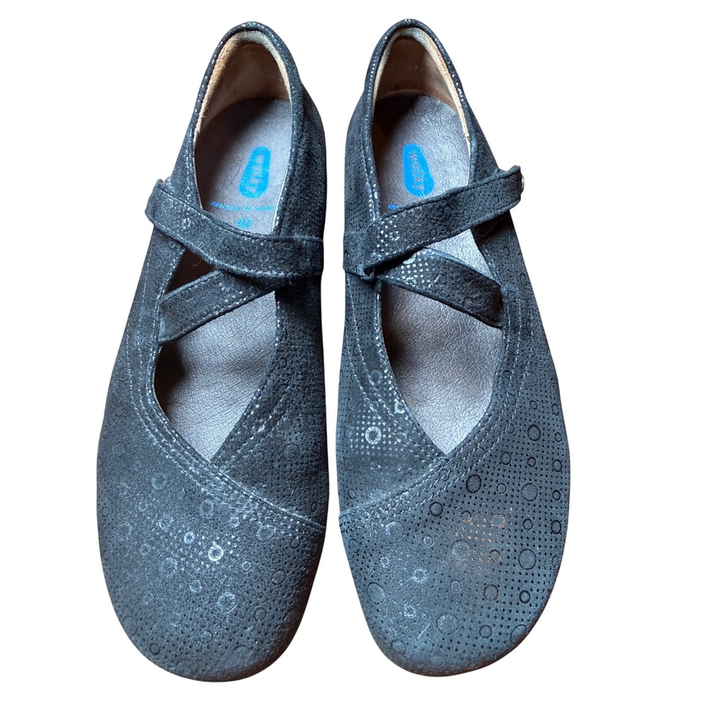 Wolky Mary Jane Shoes Womens 40 Black Suede Perforated Comfort Walking Flats